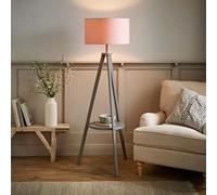 MiniSun | Modern Grey Wood Tripod Design Floor Lamp with Storage Shelf & Pink Drum Shade | Floor Lamps & Home Improvements Essential