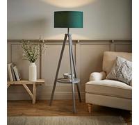 Valuelights Morrigan Grey Wood Shelf Tripod Floor Lamp With Green Drum Shade