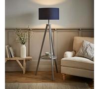Valuelights Morrigan Grey Wood Shelf Tripod Floor Lamp With Navy Drum Shade