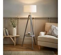 MiniSun | Modern Grey Wood Tripod Design Floor Lamp with Storage Shelf & White Drum Shade | Floor Lamps & Home Improvements Essential