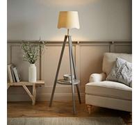 Valuelights Morrigan Grey Wood Shelf Tripod Floor Lamp With White Trim Scallop Shade