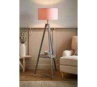 Modern Grey Wood Tripod Design Floor Lamp with Storage Shelf & Pink Drum Shade