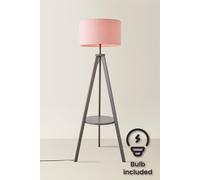 MiniSun | Modern Grey Wood Tripod Design Floor Lamp with Storage Shelf and Pink Drum Shade | Floor Lamps & Torchieres, Home Décor & Improvement Essential | Includes 6W LED E27 Light Bulb