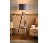 MiniSun Modern Grey Wood Tripod Design Floor Lamp with Storage Shelf & Grey/Chrome Drum Shade - Complete with a 6w LED Bulb [3000K Warm White]