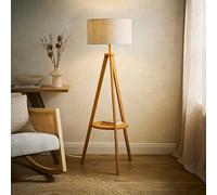 Valuelights Morrigan Linen Fabric Drum Shade Mid Wood Tripod Floor Lamp