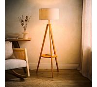 Valuelights Morrigan Linen Fabric Drum Shade Mid Wood Tripod Floor Lamp And Bulb
