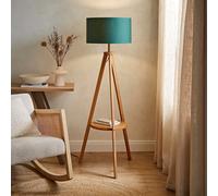 ValueLights Morrigan Mid Wood Shelf Floor Lamp With Forest Green Drum Shade