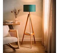 ValueLights Morrigan Mid Wood Shelf Floor Lamp With Forest Green Drum Shade And Bulb