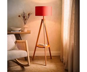 ValueLights Morrigan Mid Wood Shelf Floor Lamp With Rust Drum Shade And Bulb