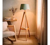 ValueLights Morrigan Mid Wood Shelf Floor Lamp With Sage Green Scallop Shade And Bulb