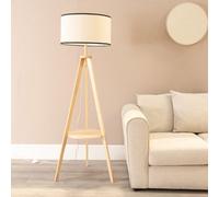 ValueLights | Natural Wood Tripod Floor Lamp with Storage Shelf and Black Trim Drum Shade Living Room Lounge Light | Floor Lamps, Home Décor & Improvement Essential | Included LED Bulb