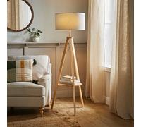 Valuelights Morrigan Natural Wood Shelf Tripod Floor Lamp With Grey Drum Shade