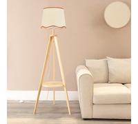 Valuelights Morrigan Natural Wood Shelf Tripod Floor Lamp With Rust Trim Scallop Shade And Bulb