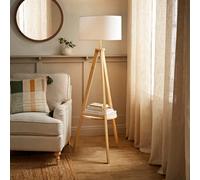 Valuelights Morrigan Natural Wood Shelf Tripod Floor Lamp With White Drum Shade