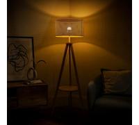 Valuelights Morrigan Natural Wood Shelf Tripod Floor Lamp With Wicker Shade