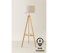 Valuelights Morrigan Natural Wood Tripod Floor Lamp And Fabric Drum Shade And Bulb In Grey Grey