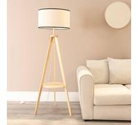 ValueLights Morrigan Natural Wood Shelf Black Trim Shade Tripod Floor Lamp with Bulb - Cream - Wilko