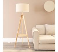 ValueLights Morrigan Natural Wood Tripod Floor Lamp & Linen Trim Shade & Bulb in White ValueLights White