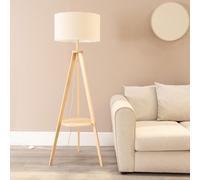 Valuelights Morrigan Natural Wood Tripod Floor Lamp And Linen Trim Shade And Bulb In White White