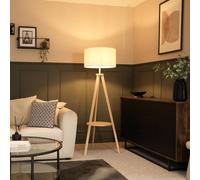 Morrigan Natural Wood Tripod Floor Lamp with Cream Boucle Drum Shade ValueLights Natural One Size