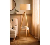 Valuelights Morrigan Natural Wood Shelf Tripod Floor Lamp With White Trim Shade