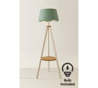 ValueLights Morrigan Cream Wood Shelf Floor Lamp With Sage Green Scallop Shade And Bulb