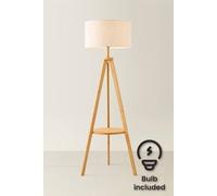 Valuelights Morrigan Linen Fabric Drum Shade Mid Wood Tripod Floor Lamp And Bulb