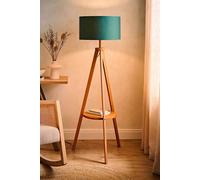 ValueLights Morrigan Mid Wood Shelf Floor Lamp With Forest Green Drum Shade And Bulb
