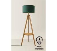 ValueLights Morrigan Mid Wood Shelf Floor Lamp With Forest Green Drum Shade And Bulb