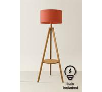 ValueLights Morrigan Mid Wood Shelf Floor Lamp With Rust Drum Shade And Bulb