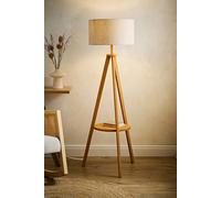 Valuelights Morrigan Linen Fabric Drum Shade Mid Wood Tripod Floor Lamp