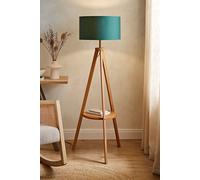 ValueLights Morrigan Mid Wood Shelf Floor Lamp With Forest Green Drum Shade