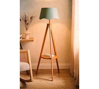 ValueLights Morrigan Mid Wood Shelf Floor Lamp With Sage Green Scallop Shade And Bulb