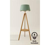 ValueLights Morrigan Mid Wood Shelf Floor Lamp With Sage Green Scallop Shade And Bulb