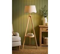 Valuelights Morrigan Blue Scallop Linen Shade Wooden Shelf Tripod Floor Lamp