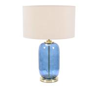 ValueLights | Navy Blue Glass and Gold Detail Table Lamp with Natural Drum Shade | Home Décor, Bedside & Desk Lamp | Includes Bulb
