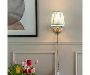 Valuelights Neely Pair Of - Plug In Brushed Chrome Easy Fit Wall Lights With Blue Pleated Tapered Lampshade - Bulbs Included