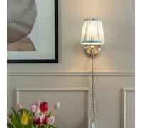 Valuelights Neely Plug In Brushed Chrome Easy Fit Wall Light With Blue Pleated Fabric Tapered Lampshade