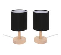 Valuelights Nelly Set Of 2 - Natural Wood Base Bedside Table Lamps With Black Cylinder Lampshade - Led Bulbs Included