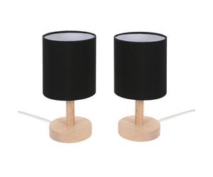 Valuelights Nelly Set Of 2 - Natural Wood Base Bedside Table Lamps With Black Cylinder Lampshade - Led Bulbs Included