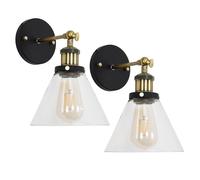 MiniSun | Industrial Steampunk Black and Gold Wall Light Fittings with Clear Glass Conical Shaped Light Shades | Wall Lamps & Sconces, Home Décor & Improvement Essential | Pair of 2