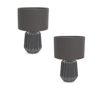 ValueLights | Pair of - Charcoal Grey Textured Ceramic Bedside Table Lamp with Fabric Drum Shade Living Room Bedroom Light | Table Lamps & Home Improvements Essential