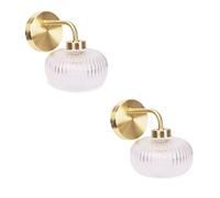 ValueLights | Pair of Gold Wall Light Fitting with Clear Ribbed Lampshades for Living Room Hallway - IP44 Bathroom - LED Bulbs Included
