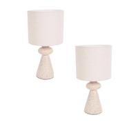 Pair of - Natural Cement Effect Bedside Table Lamp with Drum Fabric Lampshade Living Room Bedroom Light