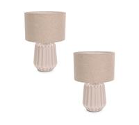 ValueLights | Pair of - Stone Natural Textured Ceramic Bedside Table Lamp with Fabric Drum Shade Living Room Bedroom Light | Table Lamps & Home Improvements Essential