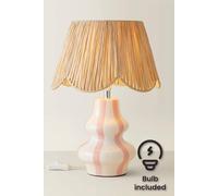 Valuelights Perrie Ceramic Pink Stripe Table Lamp With Raffia Lamp Shade And Led Bulb Pink