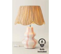 ValueLights Perrie Ceramic Pink Stripe Table Lamp with Raffia Lamp Shade & LED Bulb ValueLights Pink