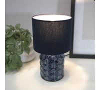 Valuelights Priyah Navy Blue Textured Scallop Effect Ceramic Table Lamp With Drum Shade