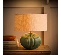 ValueLights Rebecca Linen Shade Green Ribbed Ceramic Table Lamp with Bulb - Size: 32 x 30 x 30cm - Wilko