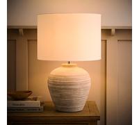 ValueLights Reid Linen Drum Lamp Shade Stone Grey Ribbed Ceramic Large LED Table Lamp - Size: 54.5 x 36 x 36cm - Wilko